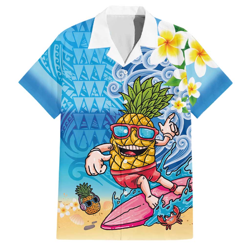 Hawaiian Funny Pineapple Surfing Family Matching Summer Maxi Dress and Hawaiian Shirt Beach with Tribal Kakau and Plumeria LT03 Dad's Shirt - Short Sleeve Multicolor - Polynesian Pride
