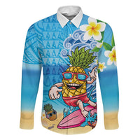 Hawaiian Funny Pineapple Surfing Family Matching Tank Maxi Dress and Hawaiian Shirt Beach with Tribal Kakau and Plumeria LT03 Dad's Shirt - Long Sleeve Multicolor - Polynesian Pride