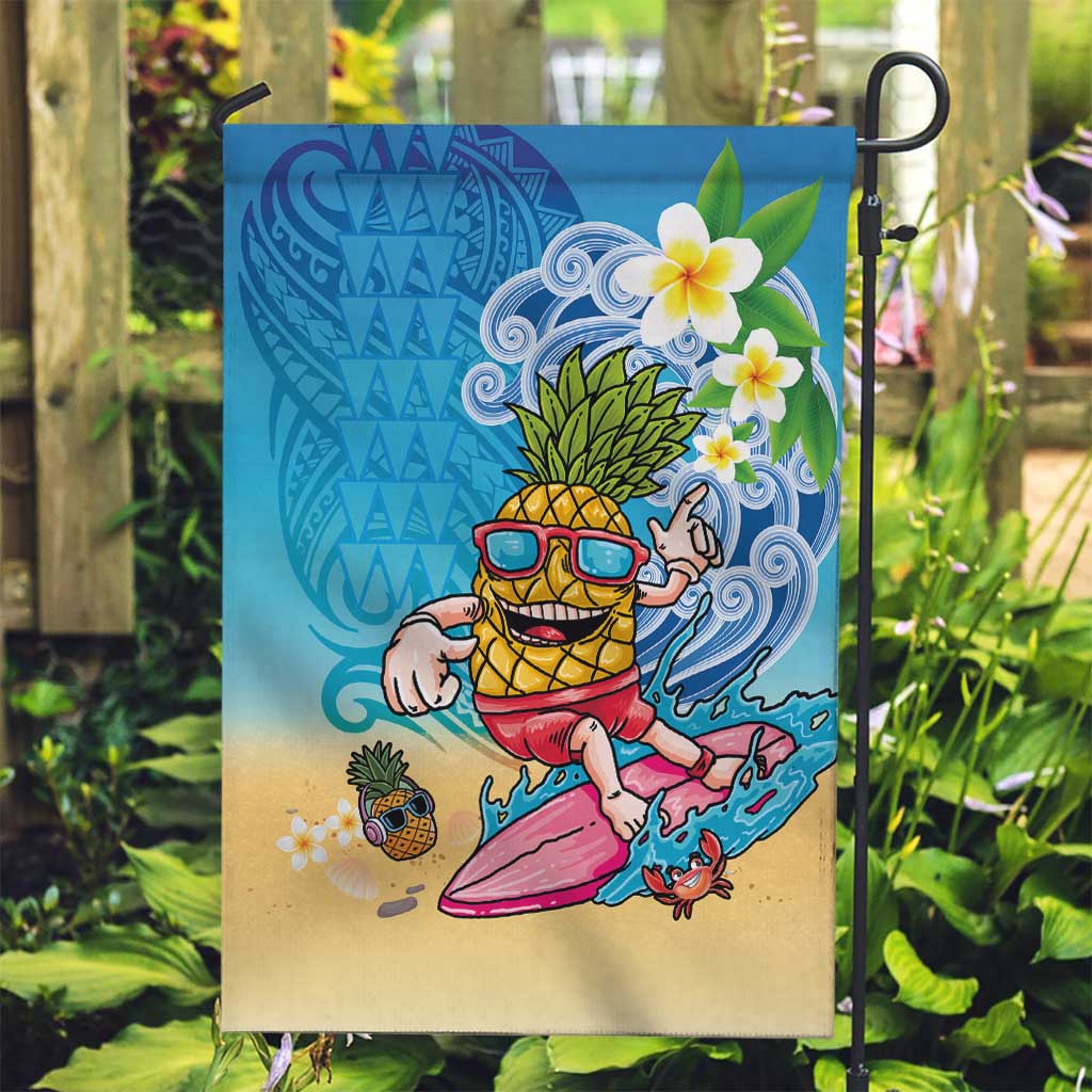 Hawaiian Funny Pineapple Surfing Garden Flag Beach with Tribal Kakau and Plumeria LT03 Garden Flag Multicolor - Polynesian Pride