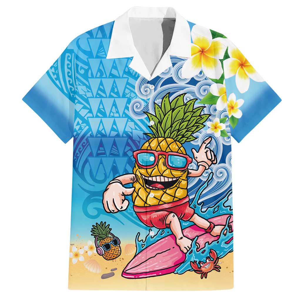 Hawaiian Funny Pineapple Surfing Hawaiian Shirt Beach with Tribal Kakau and Plumeria