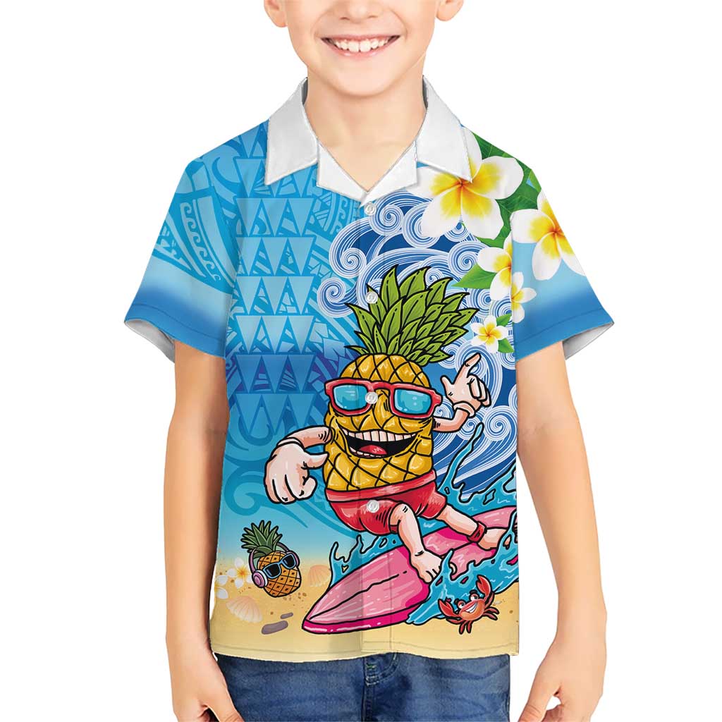 Hawaiian Funny Pineapple Surfing Kid Hawaiian Shirt Beach with Tribal Kakau and Plumeria