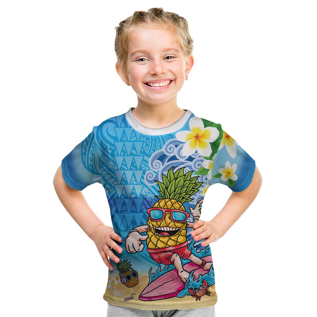Hawaiian Funny Pineapple Surfing Kid T Shirt Beach with Tribal Kakau and Plumeria LT03 Multicolor - Polynesian Pride