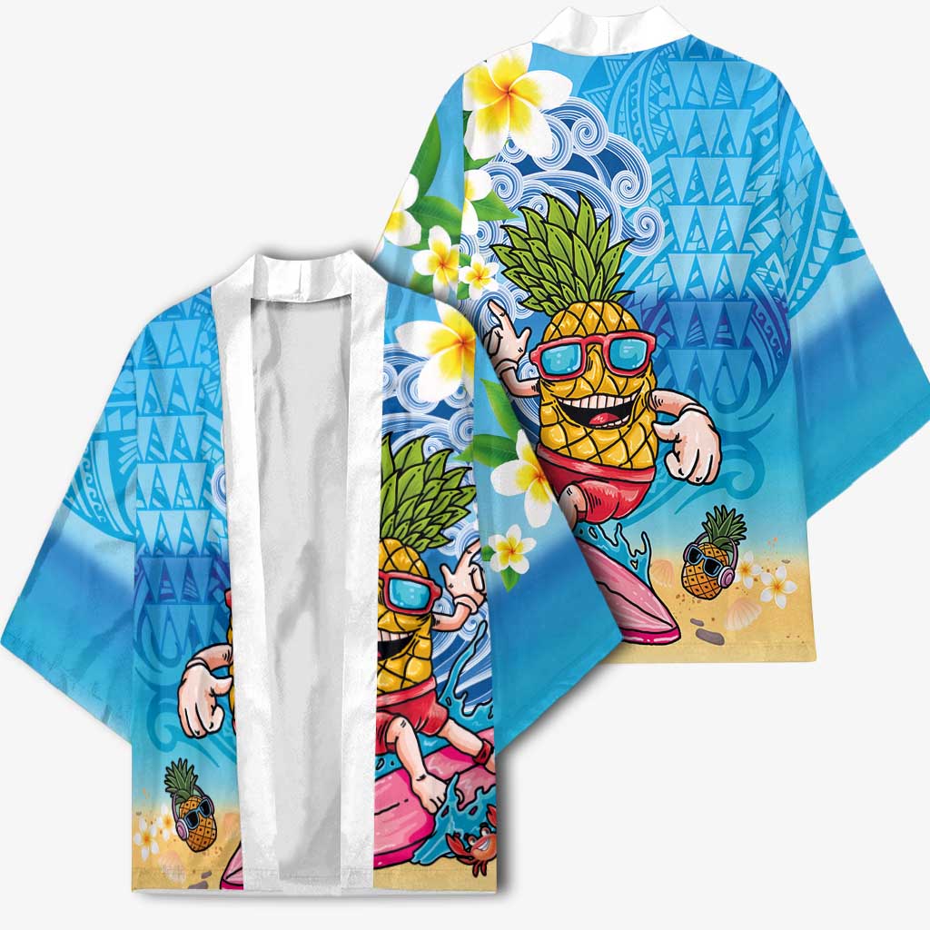 Hawaiian Funny Pineapple Surfing Kimono Beach with Tribal Kakau and Plumeria