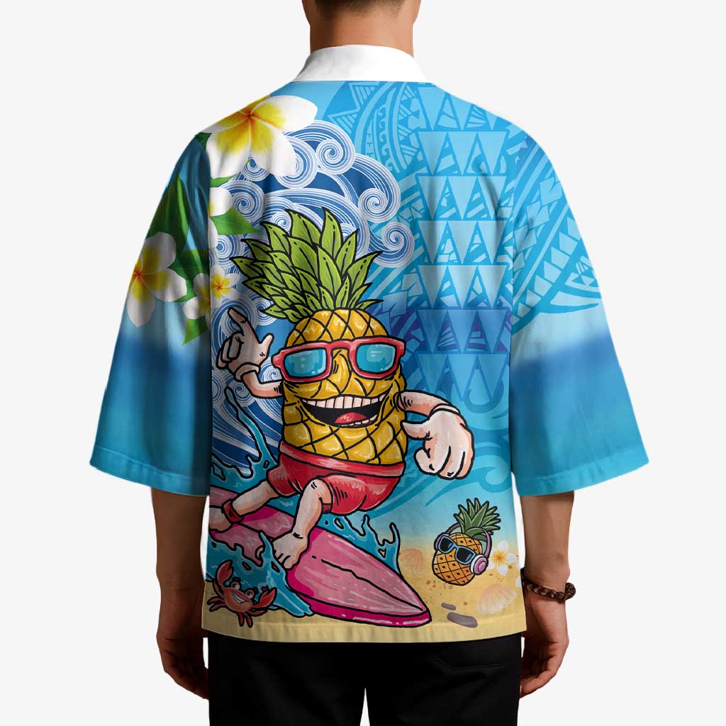 Hawaiian Funny Pineapple Surfing Kimono Beach with Tribal Kakau and Plumeria