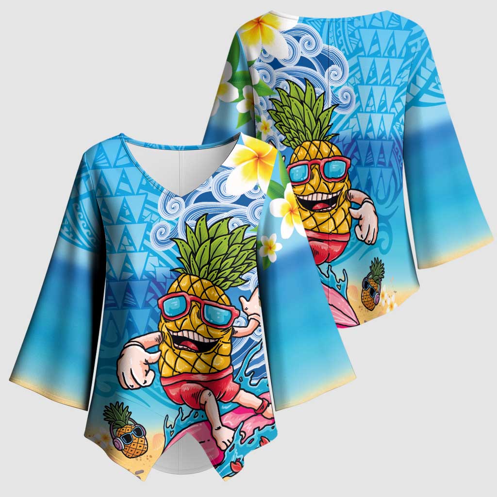 Hawaiian Funny Pineapple Surfing Kimono Sleeve Blouse Beach with Tribal Kakau and Plumeria LT03 - Polynesian Pride