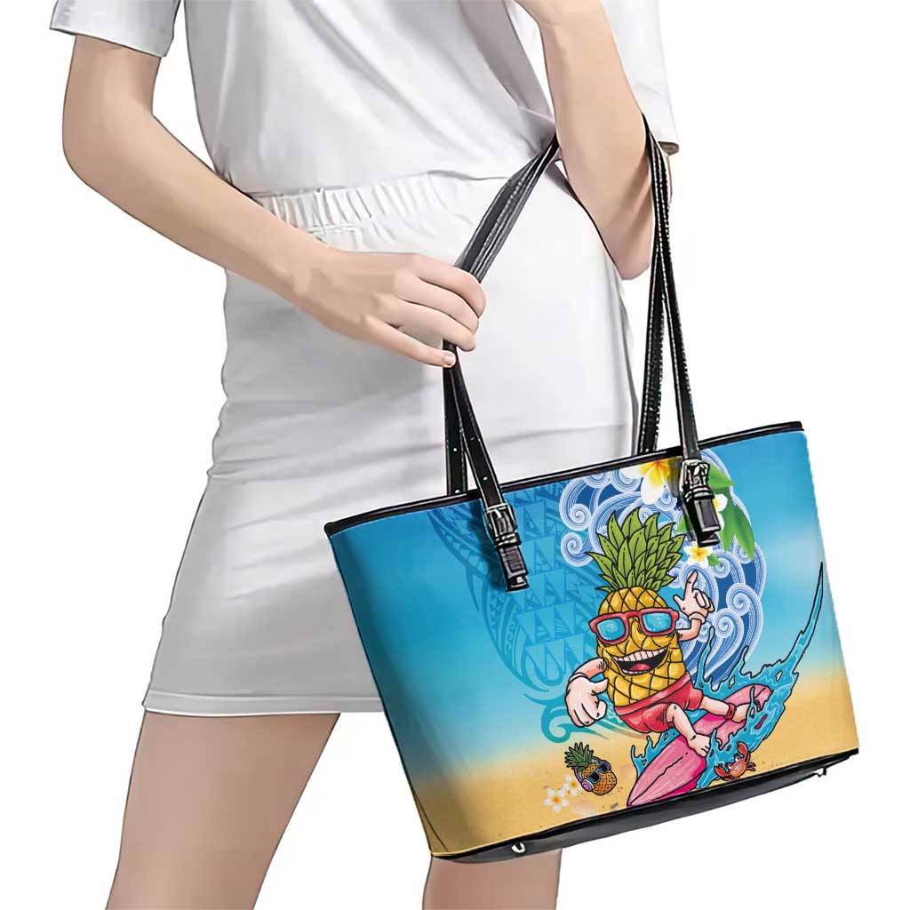 Hawaiian Funny Pineapple Surfing Leather Tote Bag Beach with Tribal Kakau and Plumeria LT03 - Polynesian Pride
