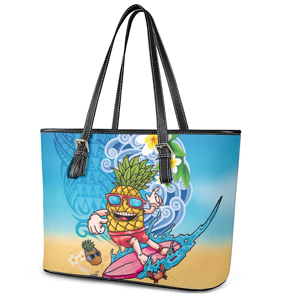 Hawaiian Funny Pineapple Surfing Leather Tote Bag Beach with Tribal Kakau and Plumeria LT03 - Polynesian Pride