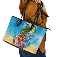 Hawaiian Funny Pineapple Surfing Leather Tote Bag Beach with Tribal Kakau and Plumeria LT03 - Polynesian Pride