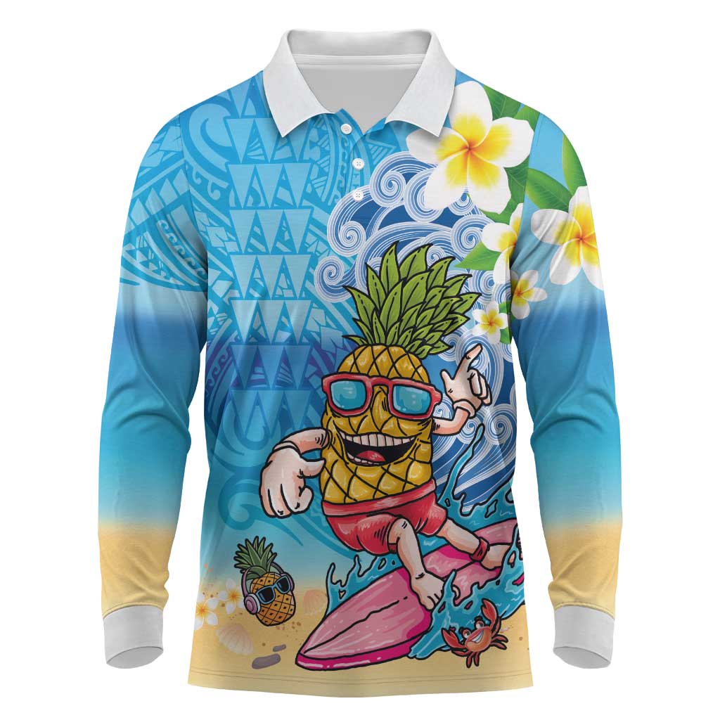 Hawaiian Funny Pineapple Surfing Long Sleeve Polo Shirt Beach with Tribal Kakau and Plumeria LT03 Multicolor - Polynesian Pride