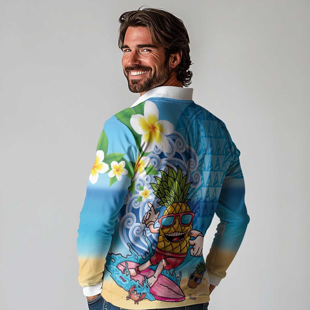 Hawaiian Funny Pineapple Surfing Long Sleeve Polo Shirt Beach with Tribal Kakau and Plumeria LT03 - Polynesian Pride