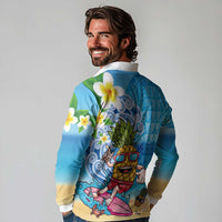 Hawaiian Funny Pineapple Surfing Long Sleeve Polo Shirt Beach with Tribal Kakau and Plumeria LT03 - Polynesian Pride