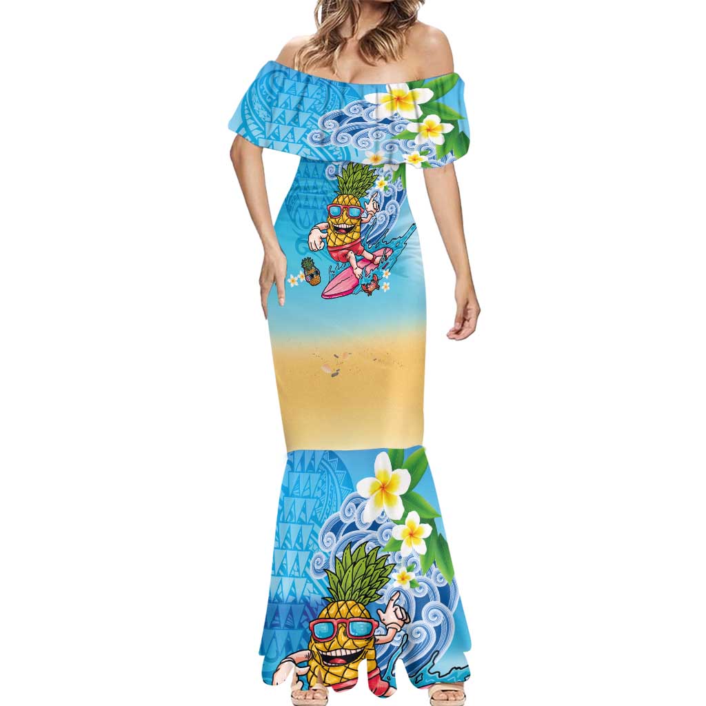 Hawaiian Funny Pineapple Surfing Mermaid Dress Beach with Tribal Kakau and Plumeria LT03 - Polynesian Pride