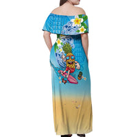Hawaiian Funny Pineapple Surfing Off Shoulder Maxi Dress Beach with Tribal Kakau and Plumeria LT03 - Polynesian Pride