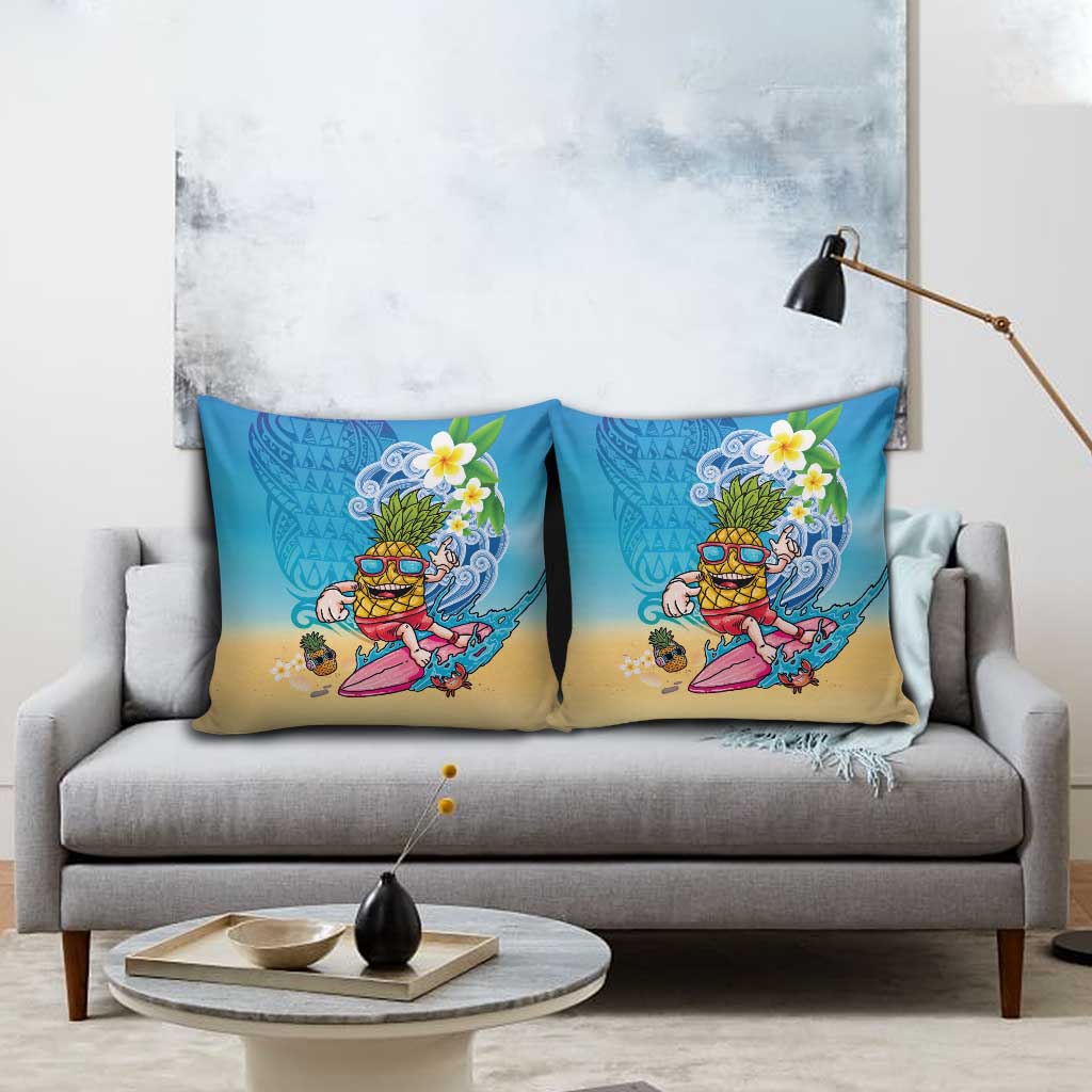 Hawaiian Funny Pineapple Surfing Pillow Cover Beach with Tribal Kakau and Plumeria
