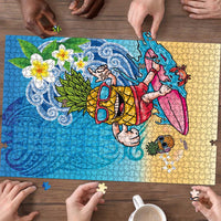 Hawaiian Funny Pineapple Surfing Puzzle Beach with Tribal Kakau and Plumeria