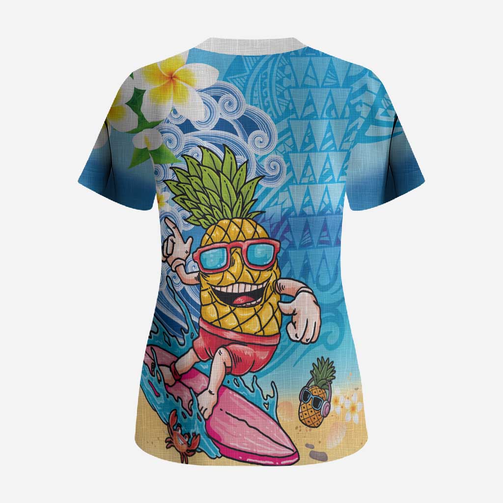 Hawaiian Funny Pineapple Surfing Scrub Top Beach with Tribal Kakau and Plumeria