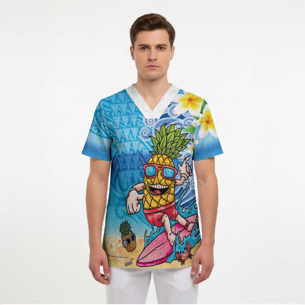 Hawaiian Funny Pineapple Surfing Scrub Top Beach with Tribal Kakau and Plumeria