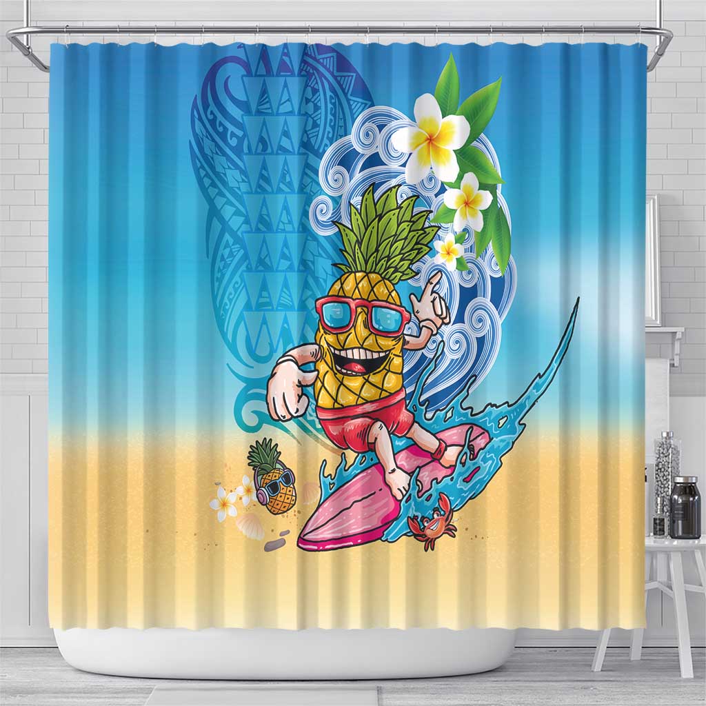 Hawaiian Funny Pineapple Surfing Shower Curtain Beach with Tribal Kakau and Plumeria LT03 - Polynesian Pride