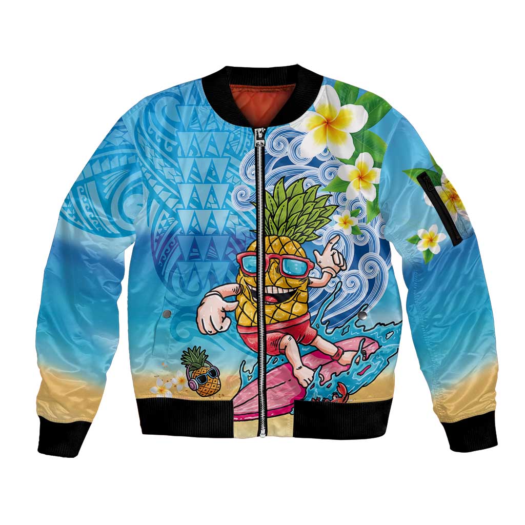 Hawaiian Funny Pineapple Surfing Sleeve Zip Bomber Jacket Beach with Tribal Kakau and Plumeria