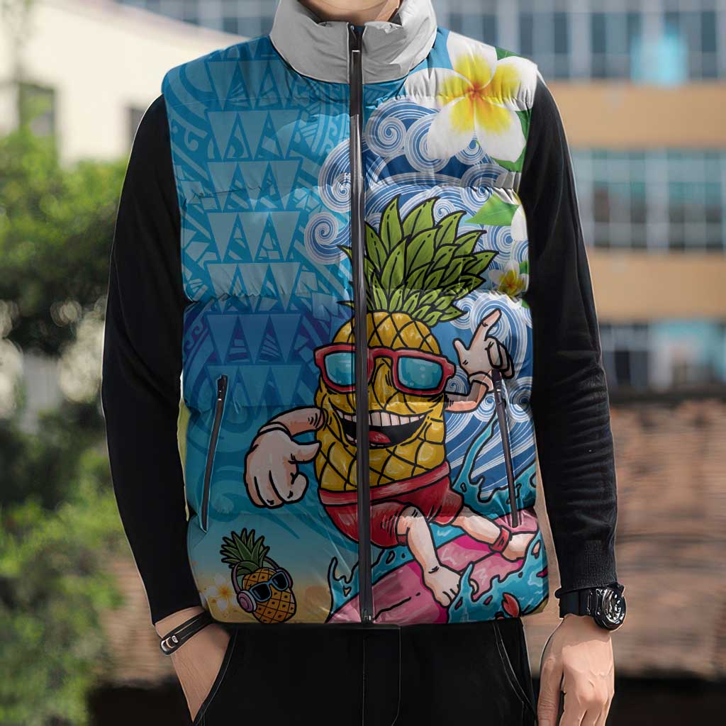 Hawaiian Funny Pineapple Surfing Sleeveless Puffer Jacket Beach with Tribal Kakau and Plumeria LT03 - Polynesian Pride