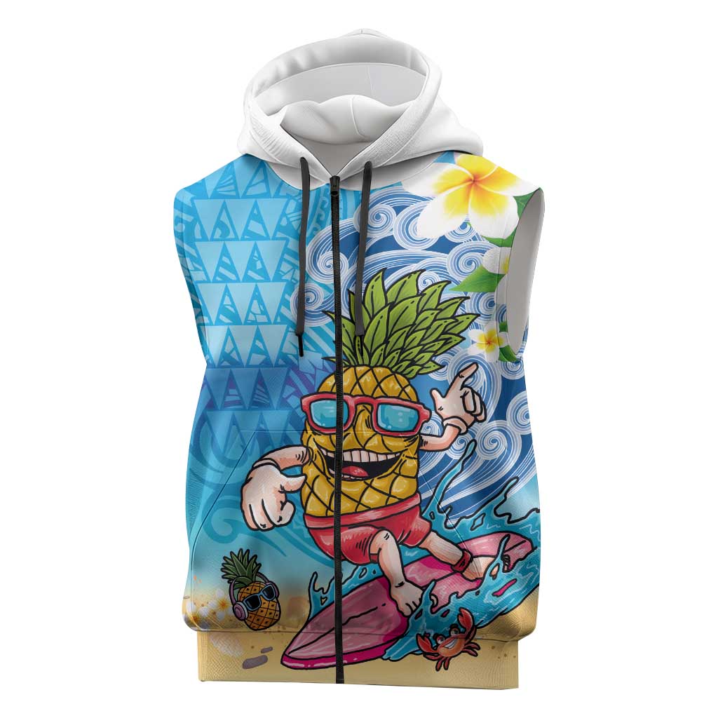 Hawaiian Funny Pineapple Surfing Sleeveless Zip Hoodie Beach with Tribal Kakau and Plumeria LT03 Multicolor - Polynesian Pride