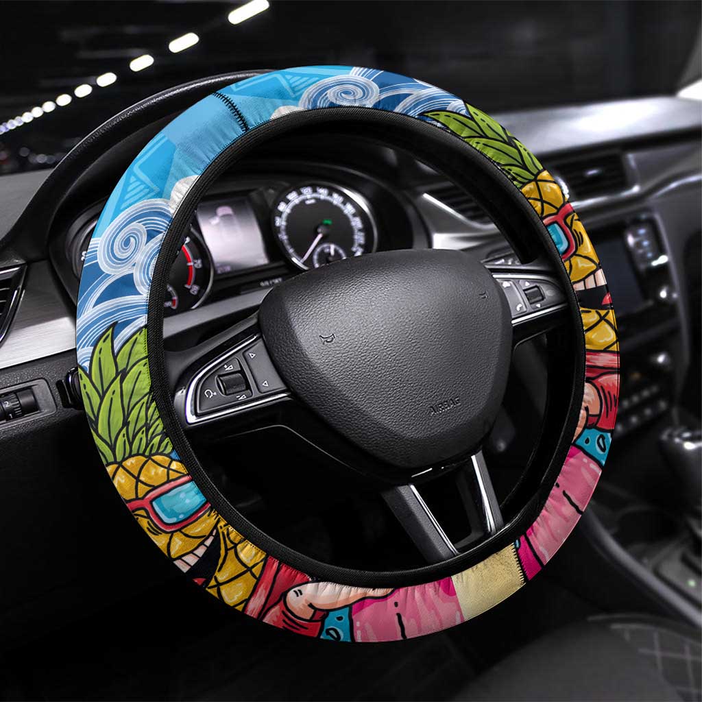 Hawaiian Funny Pineapple Surfing Steering Wheel Cover Beach with Tribal Kakau and Plumeria