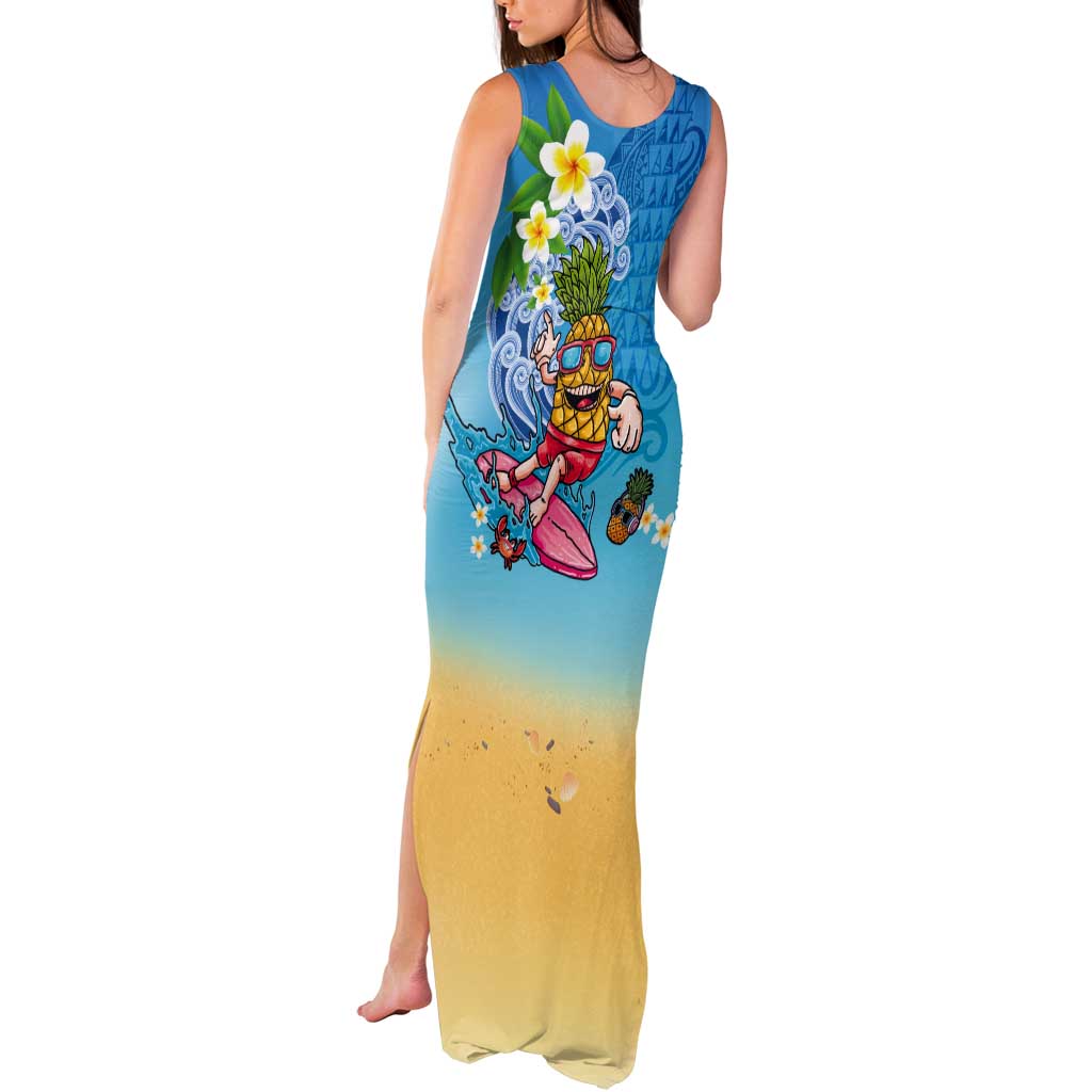 Hawaiian Funny Pineapple Surfing Tank Maxi Dress Beach with Tribal Kakau and Plumeria