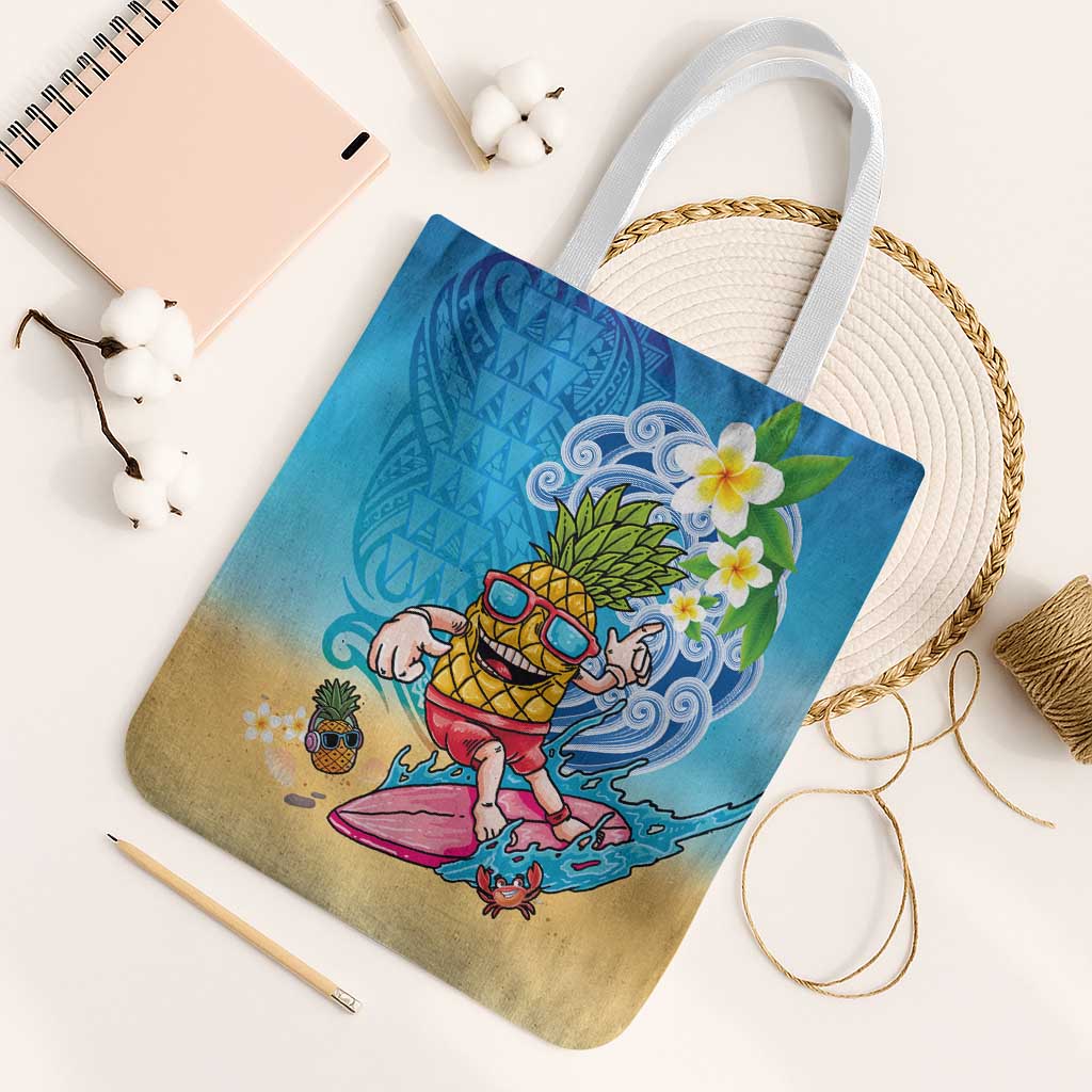 Hawaiian Funny Pineapple Surfing Tote Bag Beach with Tribal Kakau and Plumeria LT03 White Strap One Size Multicolor - Polynesian Pride