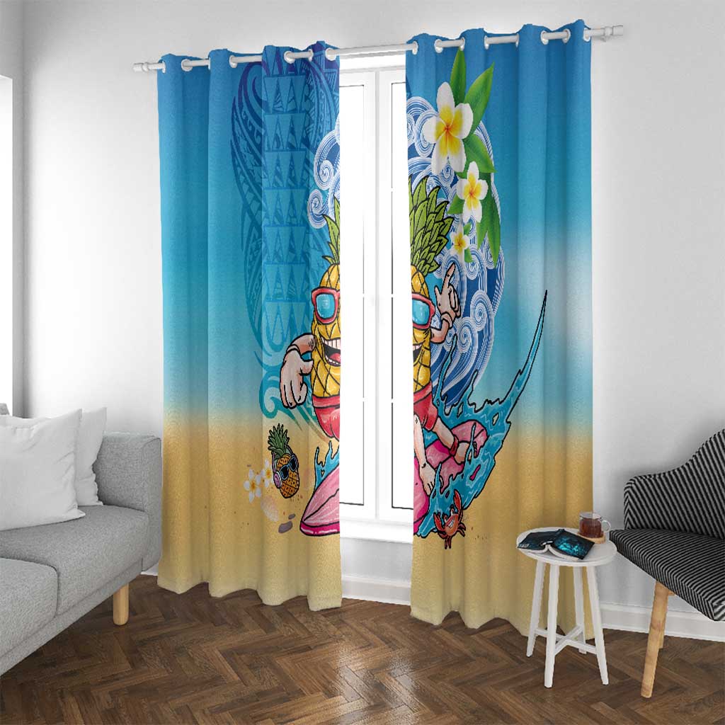 Hawaiian Funny Pineapple Surfing Window Curtain Beach with Tribal Kakau and Plumeria
