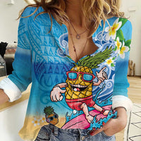 Hawaiian Funny Pineapple Surfing Women Casual Shirt Beach with Tribal Kakau and Plumeria