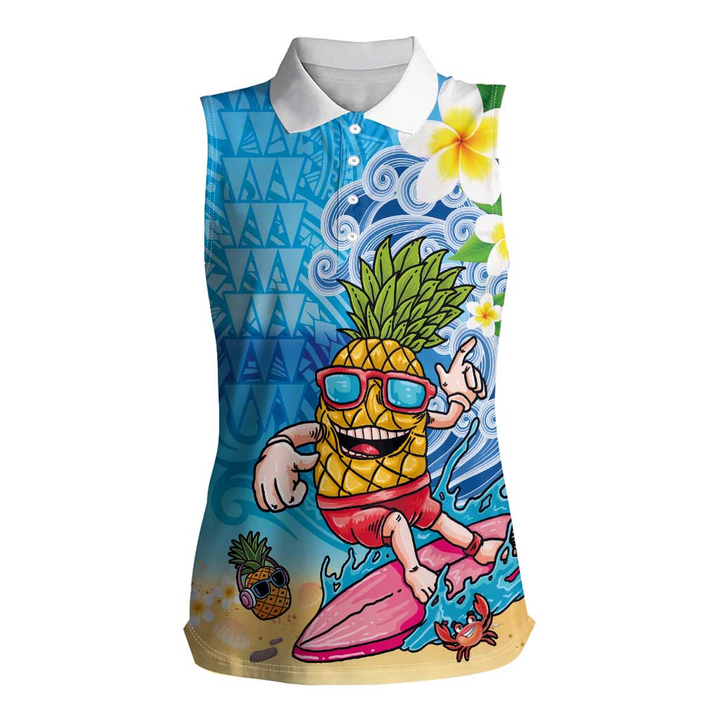 Hawaiian Funny Pineapple Surfing Women Sleeveless Polo Shirt Beach with Tribal Kakau and Plumeria