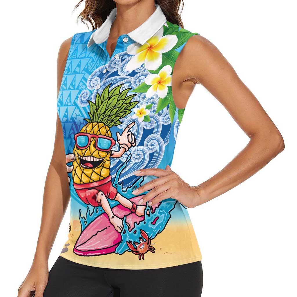 Hawaiian Funny Pineapple Surfing Women Sleeveless Polo Shirt Beach with Tribal Kakau and Plumeria LT03 - Polynesian Pride