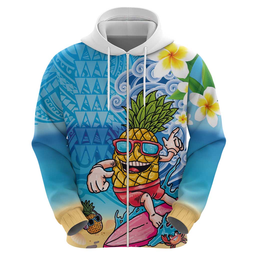 Hawaiian Funny Pineapple Surfing Zip Hoodie Beach with Tribal Kakau and Plumeria LT03 - Polynesian Pride