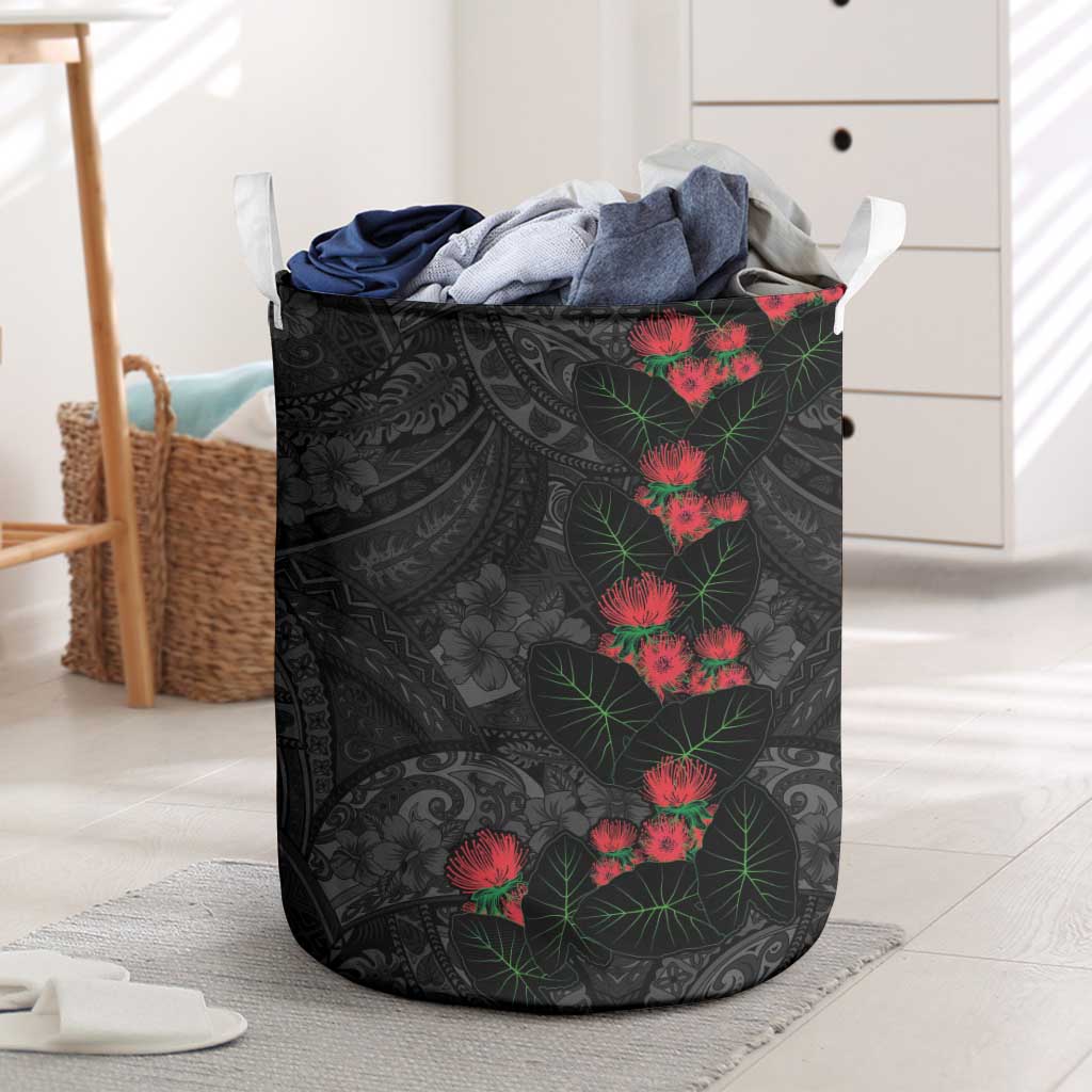 Hawaiian Taro Leaves and Ohia Lehua Laundry Basket Polynesian Tribal Art Tropical Plants Motifs Grayscale LT03 Multicolor - Polynesian Pride
