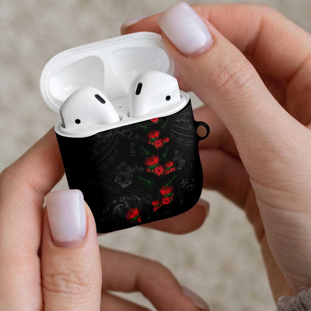 Hawaiian Taro Leaves and Ohia Lehua AirPods Case Polynesian Tribal Art Tropical Plants Motifs Grayscale