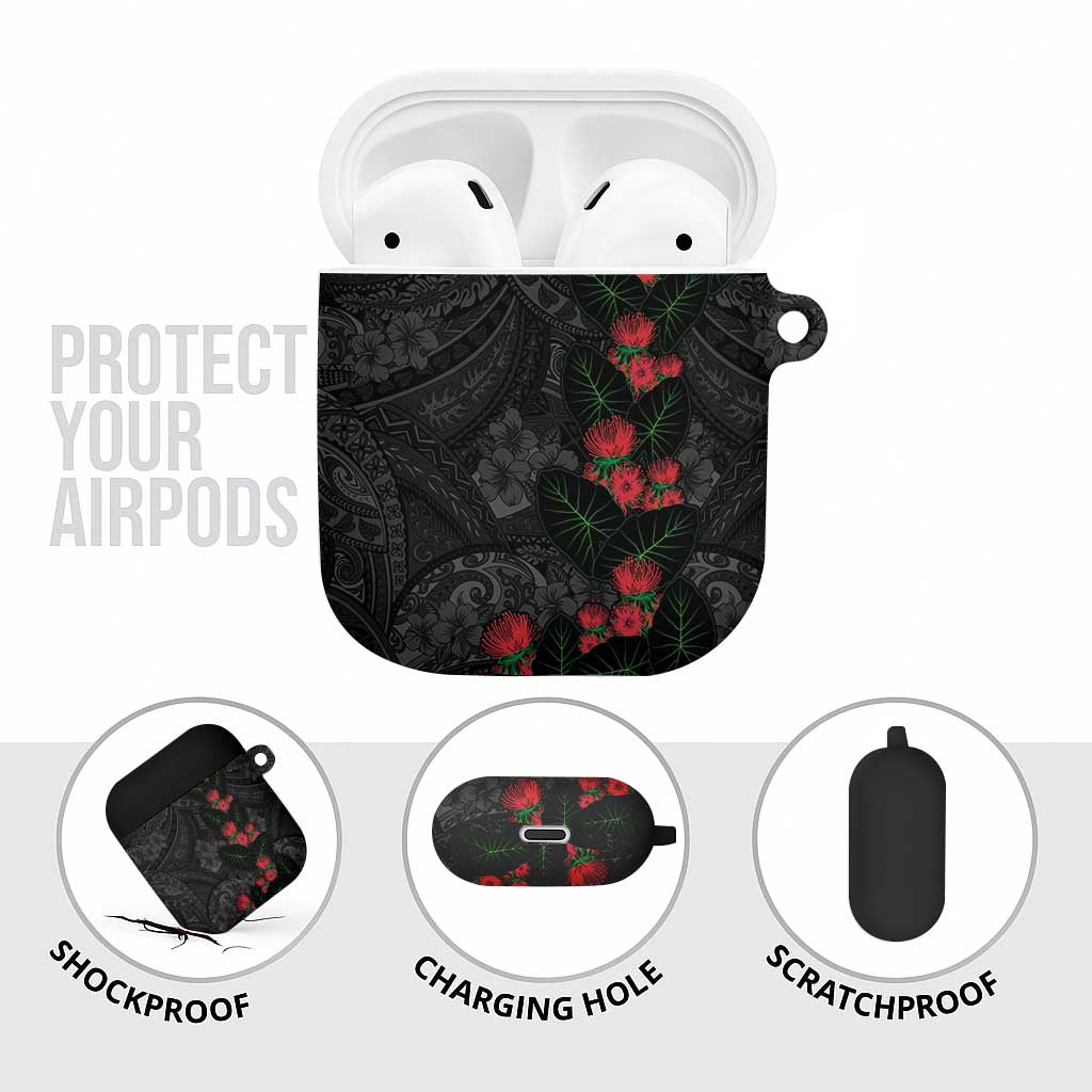 Hawaiian Taro Leaves and Ohia Lehua AirPods Case Polynesian Tribal Art Tropical Plants Motifs Grayscale