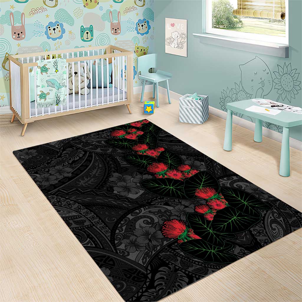 Hawaiian Taro Leaves and Ohia Lehua Area Rug Polynesian Tribal Art Tropical Plants Motifs Grayscale