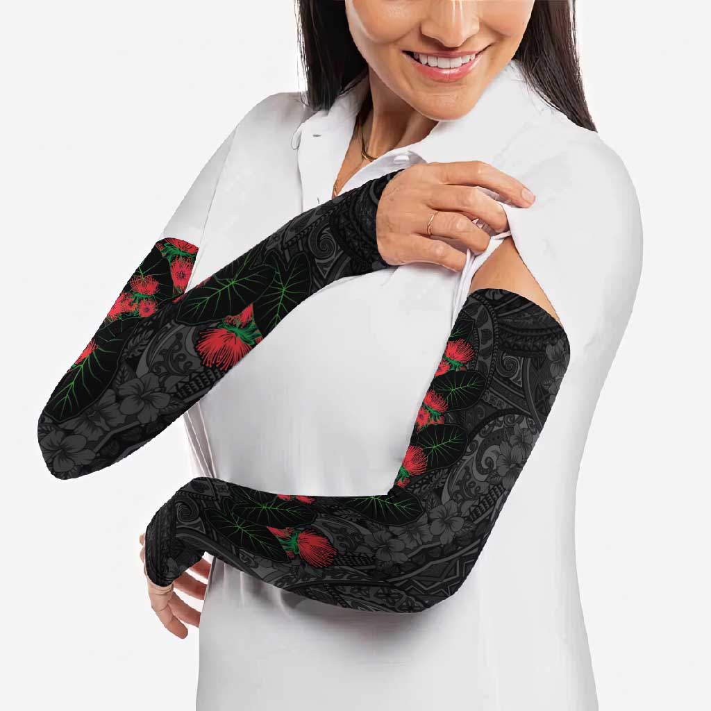 Hawaiian Taro Leaves and Ohia Lehua Arm Sleeves Polynesian Tribal Art Tropical Plants Motifs Grayscale