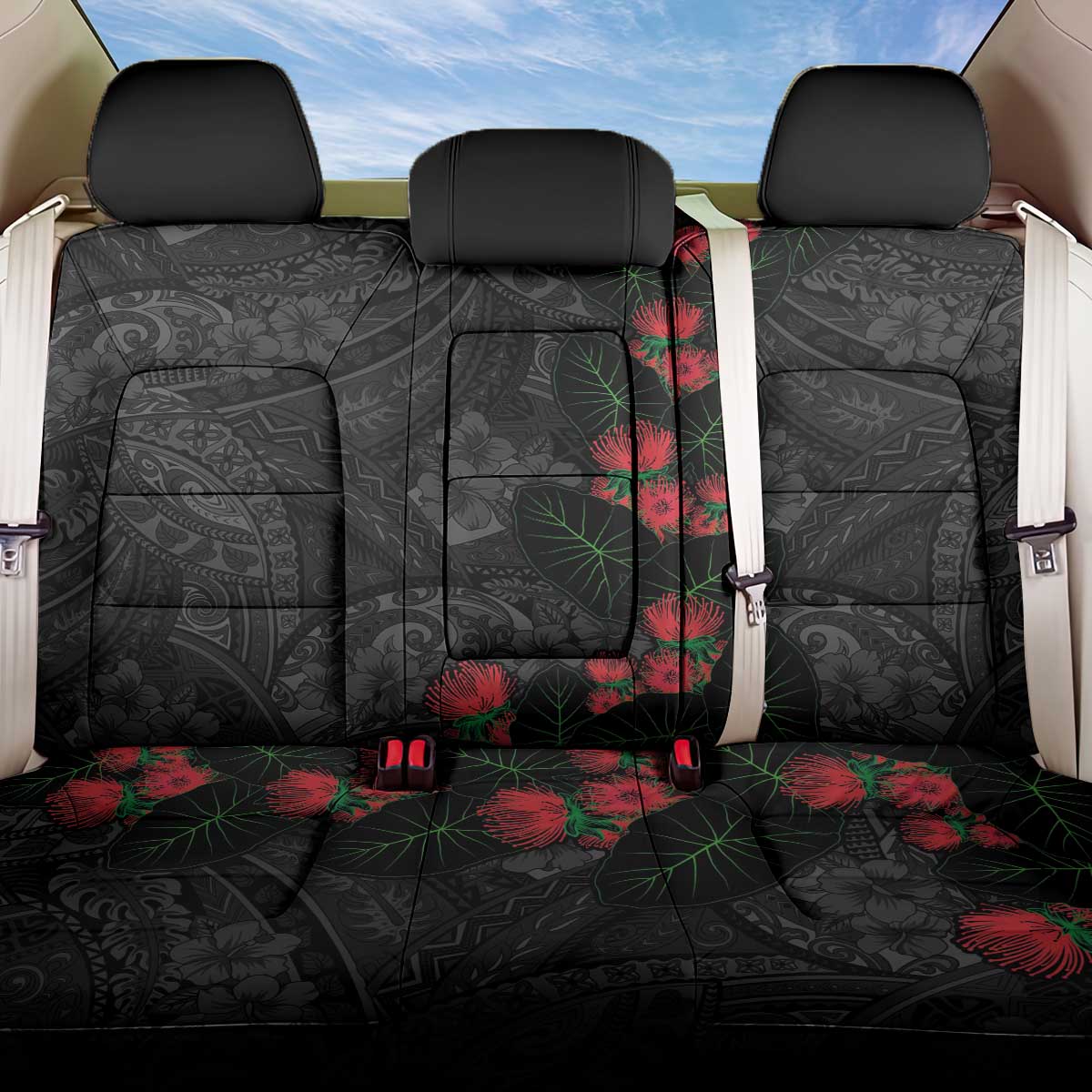 Hawaiian Taro Leaves and Ohia Lehua Back Car Seat Cover Polynesian Tribal Art Tropical Plants Motifs Grayscale LT03 One Size Multicolor - Polynesian Pride