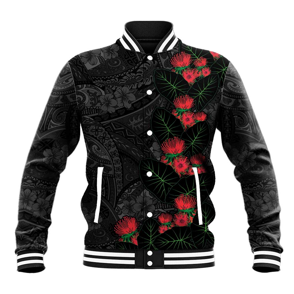 Hawaiian Taro Leaves and Ohia Lehua Baseball Jacket Polynesian Tribal Art Tropical Plants Motifs Grayscale LT03 Unisex Multicolor - Polynesian Pride