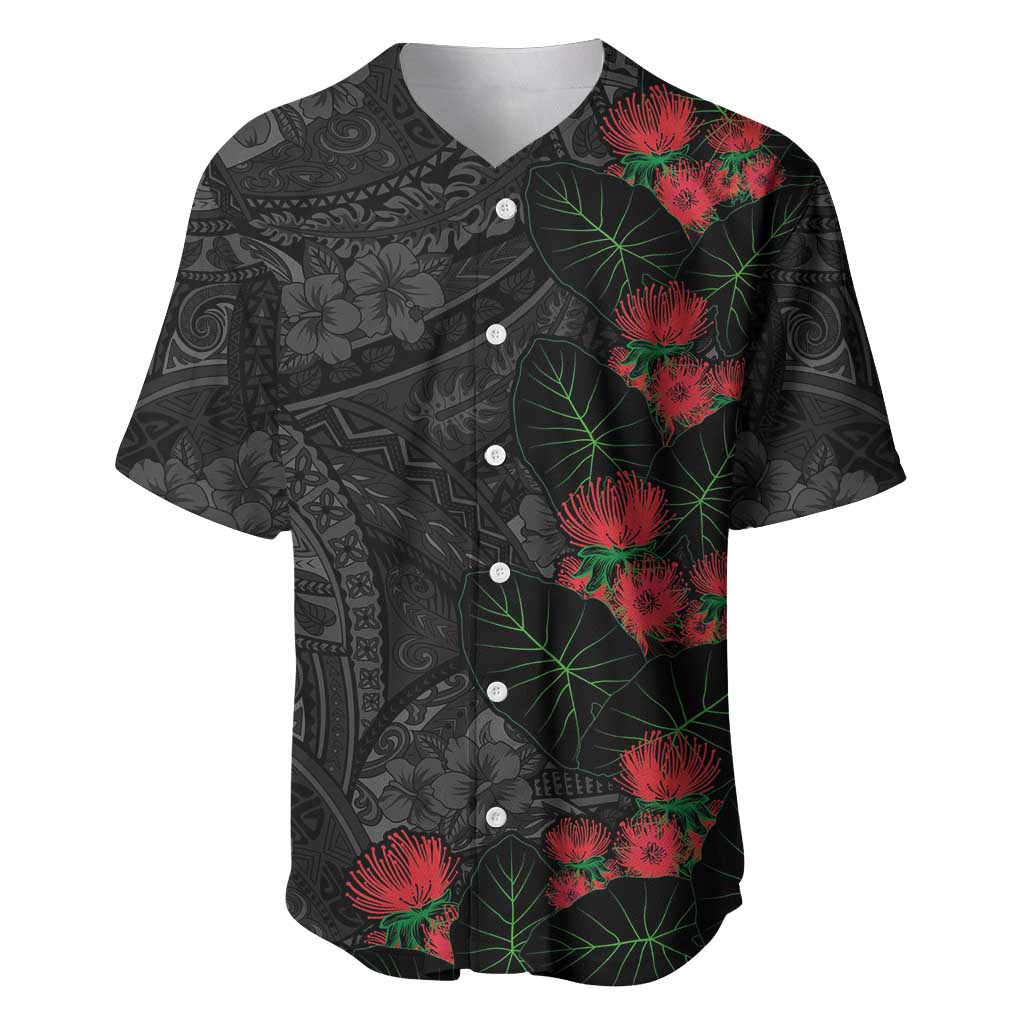 Hawaiian Taro Leaves and Ohia Lehua Baseball Jersey Polynesian Tribal Art Tropical Plants Motifs Grayscale