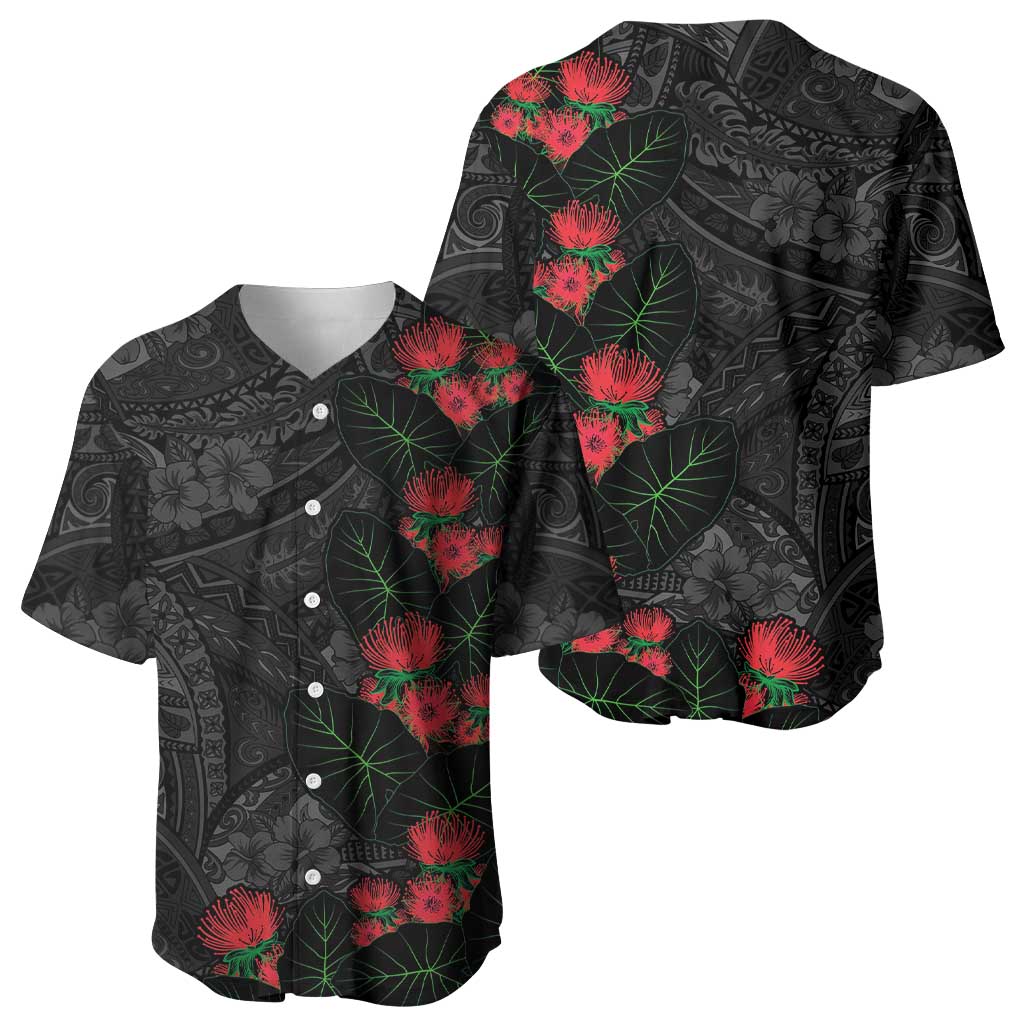 Hawaiian Taro Leaves and Ohia Lehua Baseball Jersey Polynesian Tribal Art Tropical Plants Motifs Grayscale