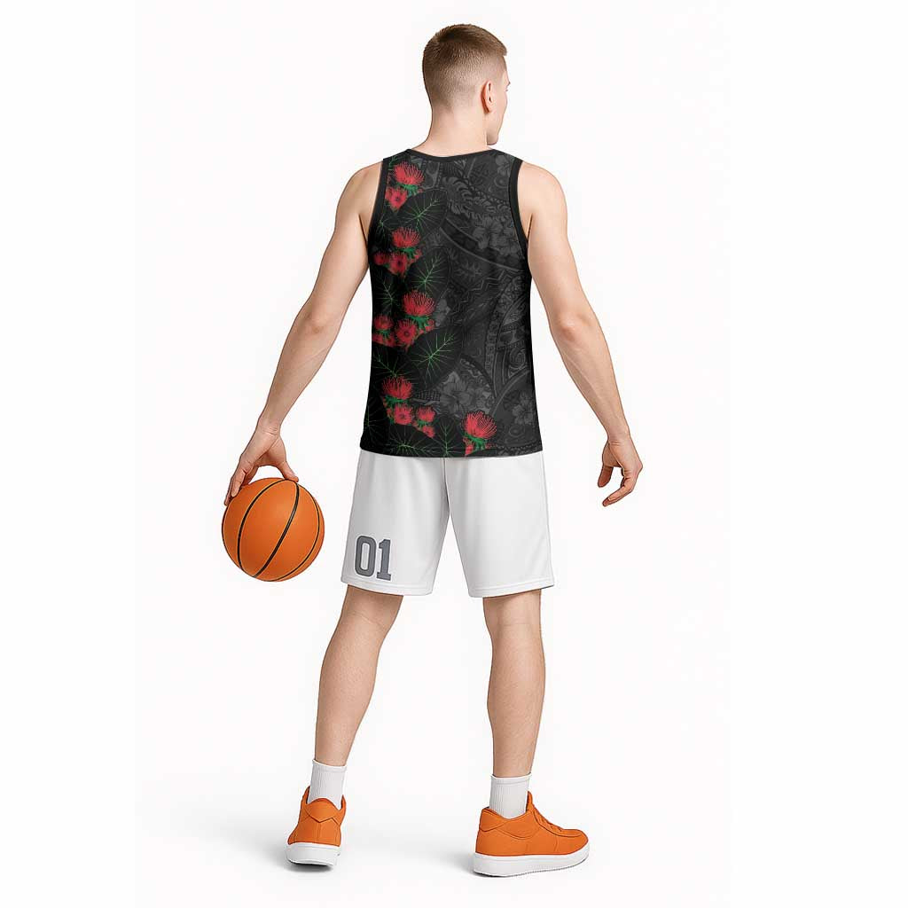 Hawaiian Taro Leaves and Ohia Lehua Basketball Jersey Polynesian Tribal Art Tropical Plants Motifs Grayscale LT03 - Polynesian Pride