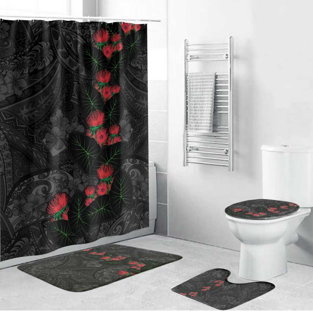 Hawaiian Taro Leaves and Ohia Lehua Bathroom Set Polynesian Tribal Art Tropical Plants Motifs Grayscale LT03 Bathroom Set (4 pcs) Multicolor - Polynesian Pride