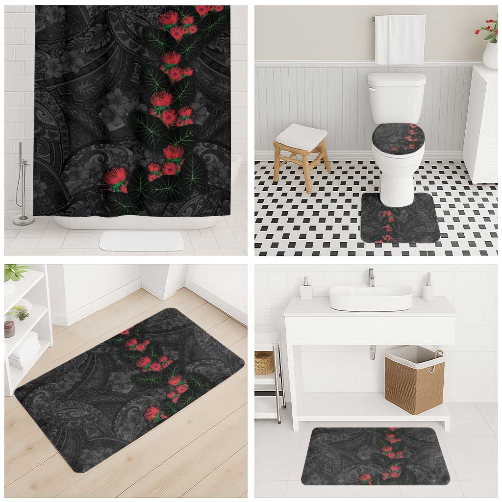 Hawaiian Taro Leaves and Ohia Lehua Bathroom Set Polynesian Tribal Art Tropical Plants Motifs Grayscale LT03 - Polynesian Pride