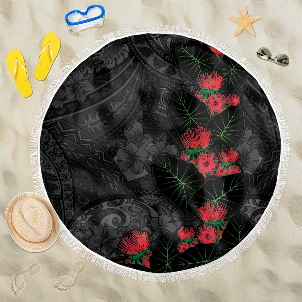 Hawaiian Taro Leaves and Ohia Lehua Beach Blanket Polynesian Tribal Art Tropical Plants Motifs Grayscale LT03 One Size 150cm Multicolor - Polynesian Pride