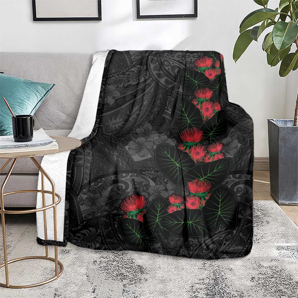Hawaiian Taro Leaves and Ohia Lehua Blanket Polynesian Tribal Art Tropical Plants Motifs Grayscale LT03 - Polynesian Pride