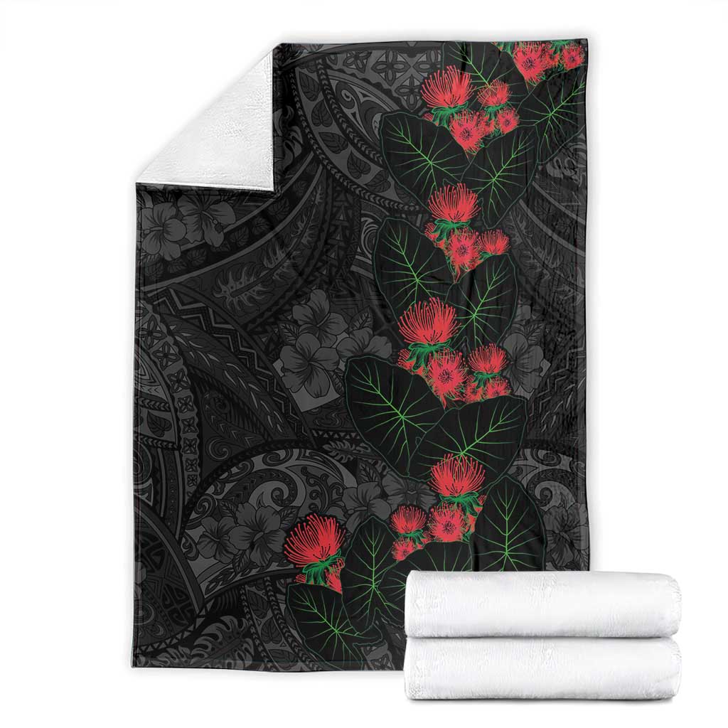 Hawaiian Taro Leaves and Ohia Lehua Blanket Polynesian Tribal Art Tropical Plants Motifs Grayscale LT03 - Polynesian Pride