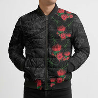 Hawaiian Taro Leaves and Ohia Lehua Bomber Puffer Jacket Polynesian Tribal Art Tropical Plants Motifs Grayscale LT03 - Polynesian Pride