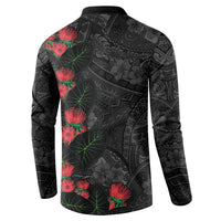 Hawaiian Taro Leaves and Ohia Lehua Button Sweatshirt Polynesian Tribal Art Tropical Plants Motifs Grayscale LT03 - Polynesian Pride